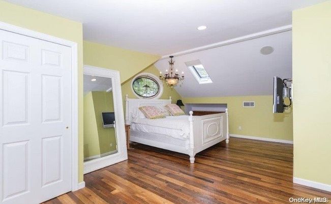 Bedroom, Chandelier, Interior, Recessed Lighting, Wood Texture Flooring