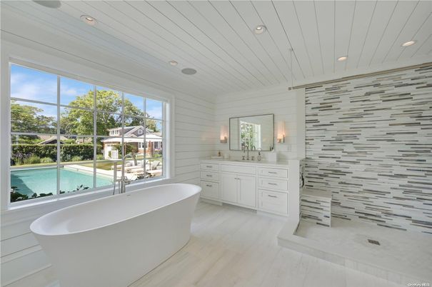 Bathroom, Dual Sink Vanities, Free Standing Baths, Interior, Recessed Lighting, Wood Texture Flooring