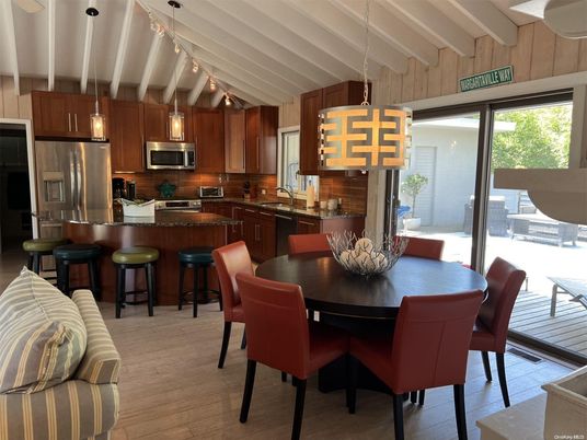 Dining room, Interior, Kitchen, Pendant Lights, Stainless Steel Appliances, Wood Texture Flooring