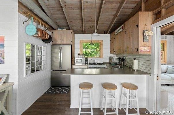 Interior, Kitchen, Pendant Lights, Stainless Steel Appliances, Wooden Beams, Wooden Ceilings, Wood Texture Flooring