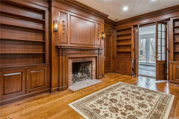 Empty room, Fireplace, Interior, Recessed Lighting, Wood Texture Flooring, Wooden Walls