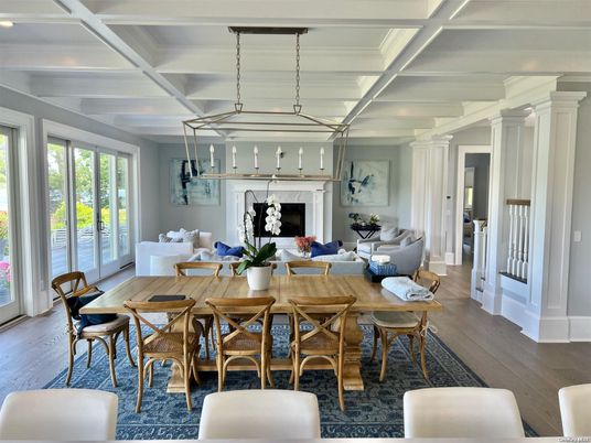 Dining room, Fireplace, Interior, Living room, Pendant Lights, Wood Texture Flooring