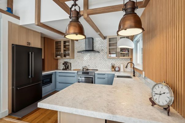 Interior, Kitchen, Pendant Lights, Wooden Beams, Wood Texture Flooring