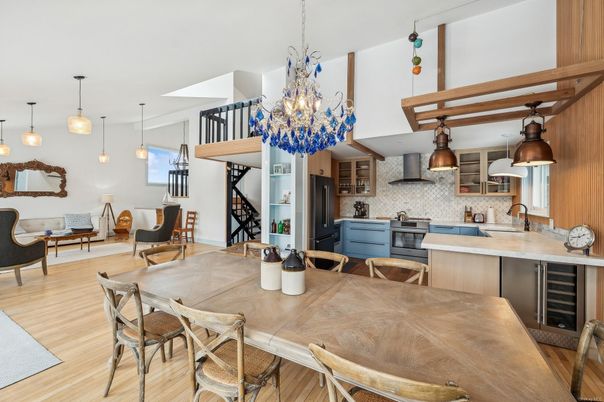 Chandelier, Dining room, Interior, Kitchen, Living room, Pendant Lights, Stone Walls, Wood Texture Flooring