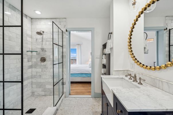 Bathroom, Bedroom, Glass Shower, Interior, Recessed Lighting, Wood Texture Flooring