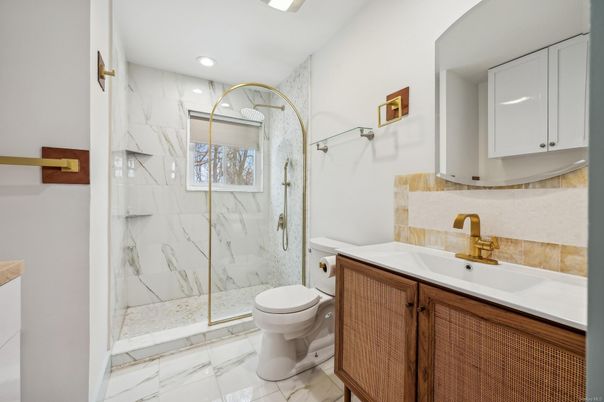 Bathroom, Glass Shower, Interior, Marble, Marble Walls, Recessed Lighting