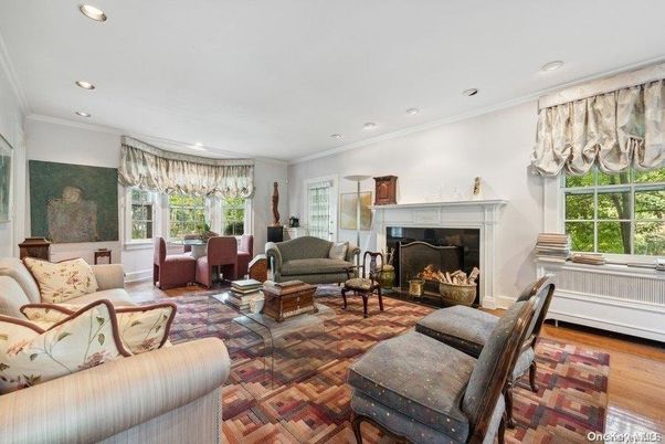 Dining room, Fireplace, Interior, Living room, Recessed Lighting, Wood Texture Flooring