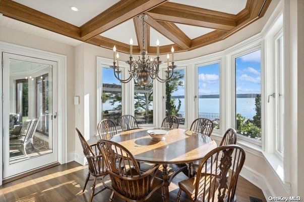 Chandelier, Dining room, Interior, Recessed Lighting, Water, Wood Texture Flooring