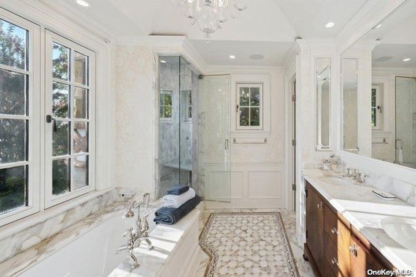 Bathroom, Chandelier, Dual Sink Vanities, Glass Shower, Interior, Recessed Lighting