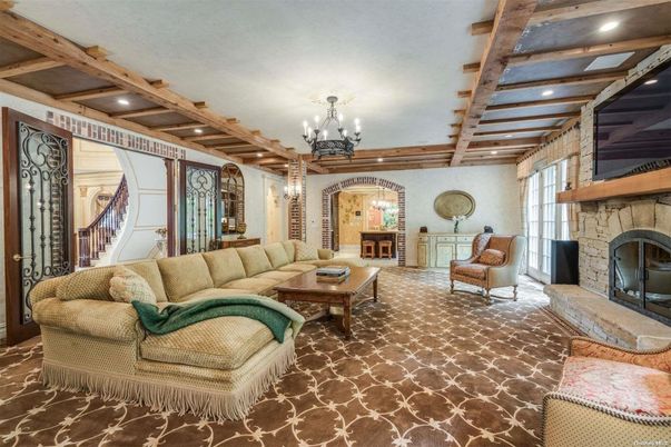 Chandelier, Fireplace, Interior, Living room, Recessed Lighting, Wooden Beams