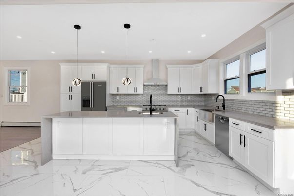 Interior, Kitchen, Marble, Pendant Lights, Recessed Lighting, Stainless Steel Appliances