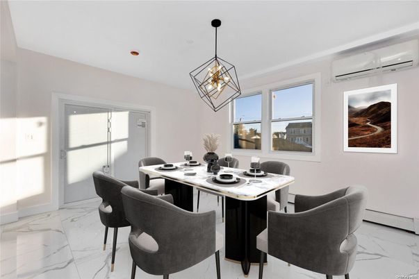 Dining room, Interior, Marble, Pendant Lights