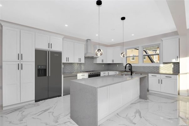 Interior, Kitchen, Marble, Pendant Lights, Recessed Lighting, Stainless Steel Appliances