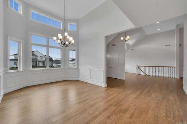Chandelier, Empty room, Interior, Recessed Lighting, Wood Texture Flooring