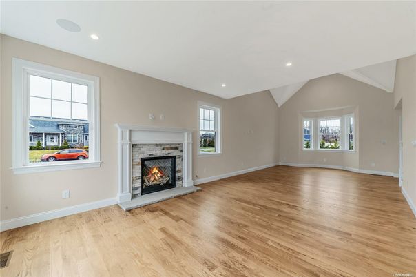 Empty room, Fireplace, Interior, Recessed Lighting, Wood Texture Flooring