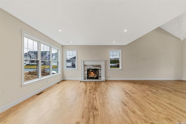 Empty room, Fireplace, Interior, Recessed Lighting, Wood Texture Flooring
