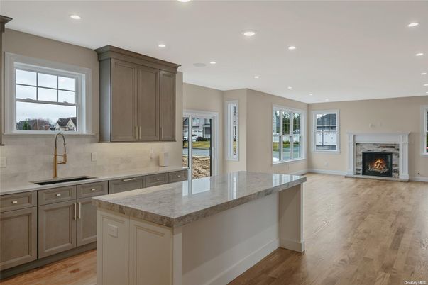 Fireplace, Interior, Kitchen, Recessed Lighting, Wood Texture Flooring
