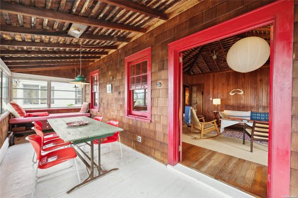 Dining room, Interior, Pendant Lights, Wooden Beams, Wood Texture Flooring, Wooden Walls