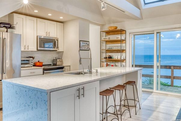 Interior, Kitchen, Recessed Lighting, Stainless Steel Appliances, Water, Wood Texture Flooring