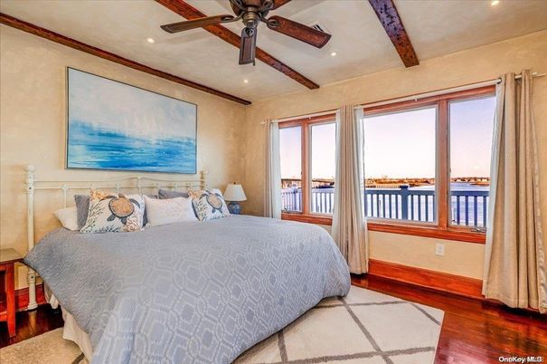 Bedroom, Interior, Recessed Lighting, Water, Wooden Beams, Wood Texture Flooring