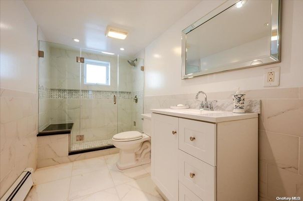 Bathroom, Glass Shower, Interior, Marble Walls, Recessed Lighting