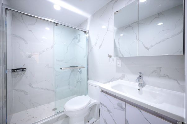 Bathroom, Glass Shower, Interior, Marble Walls, Recessed Lighting