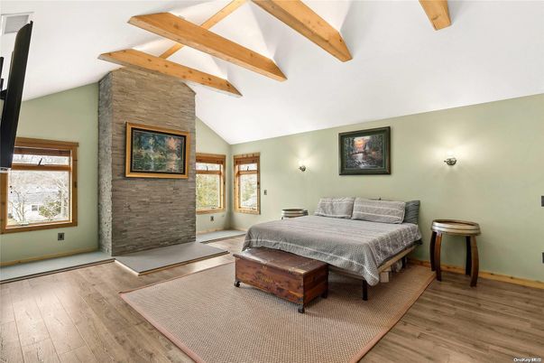 Bedroom, Interior, Stone Walls, Wooden Beams, Wood Texture Flooring