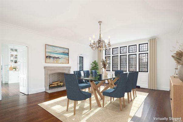 Chandelier, Dining room, Fireplace, Interior, Wood Texture Flooring