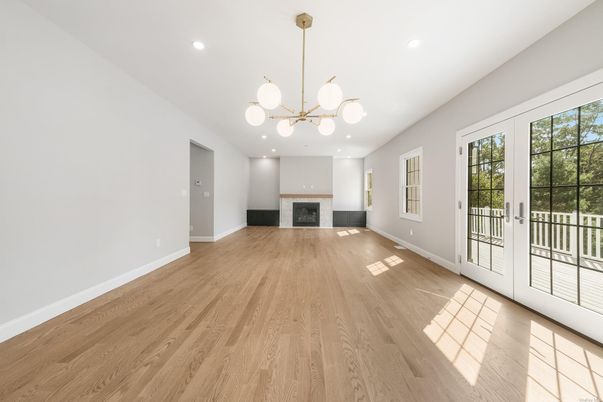 Empty room, Fireplace, Interior, Pendant Lights, Recessed Lighting, Wood Texture Flooring