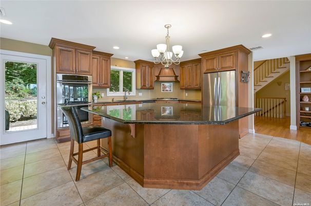 Chandelier, Interior, Kitchen, Recessed Lighting, Stainless Steel Appliances, Wood Texture Flooring