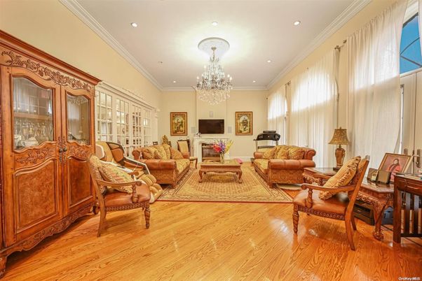 Chandelier, Dining room, Fireplace, Interior, Living room, Recessed Lighting, Wood Texture Flooring