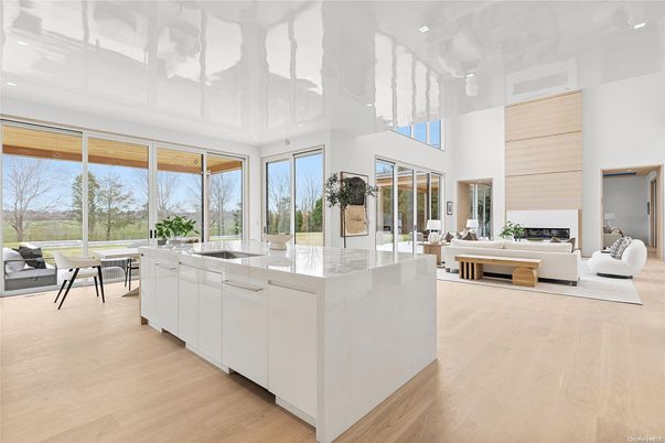 Fireplace, Interior, Kitchen, Living room, Recessed Lighting, Wood Texture Flooring