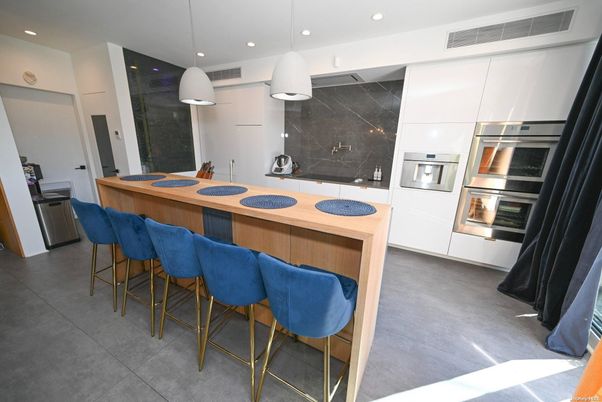 Interior, Kitchen, Marble Walls, Pendant Lights, Recessed Lighting