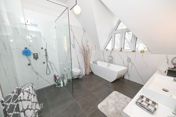 Bathroom, Free Standing Baths, Glass Shower, Interior, Marble Walls
