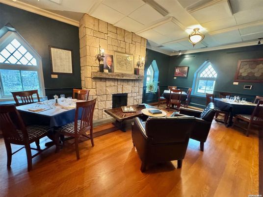 Dining room, Fireplace, Interior, Living room, Stone Walls, Wood Texture Flooring