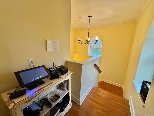 Chandelier, Home Office, Interior, Pendant Lights, Wood Texture Flooring