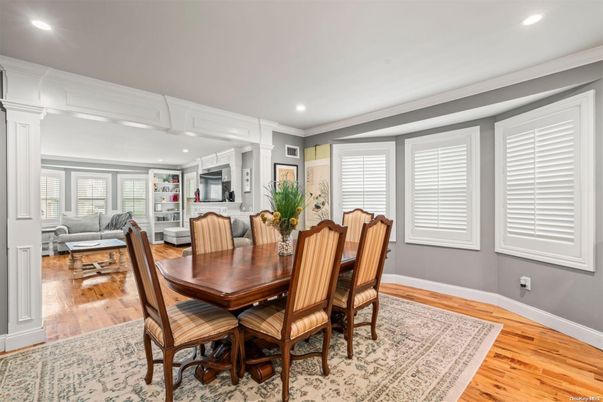Dining room, Interior, Living room, Recessed Lighting, Wood Texture Flooring