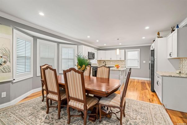 Dining room, Interior, Kitchen, Pendant Lights, Recessed Lighting, Wood Texture Flooring