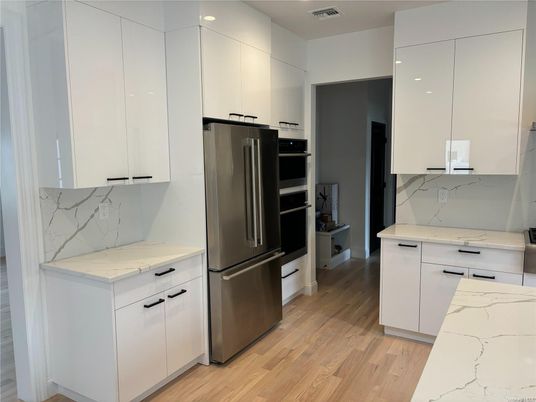 Interior, Kitchen, Marble Walls, Recessed Lighting, Wood Texture Flooring