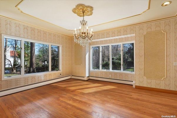 Chandelier, Empty room, Interior, Recessed Lighting, Wood Texture Flooring