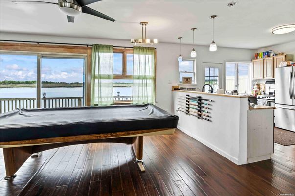 Billiard Table, Game Room, Interior, Kitchen, Pendant Lights, Water, Wood Texture Flooring