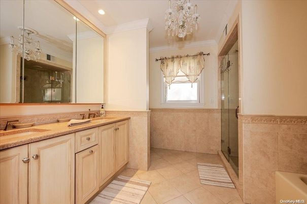 Bathroom, Chandelier, Glass Shower, Interior, Recessed Lighting