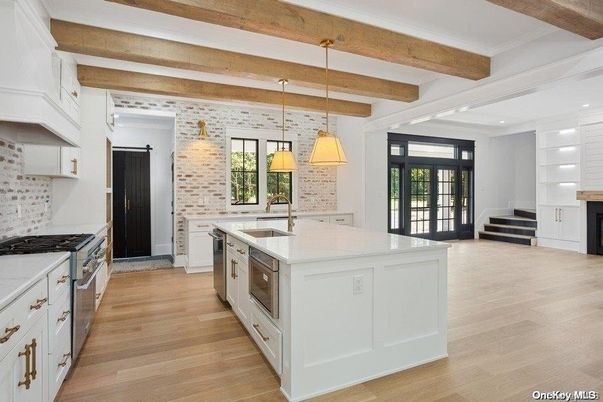 Interior, Kitchen, Pendant Lights, Recessed Lighting, Stone Walls, Wooden Beams, Wood Texture Flooring