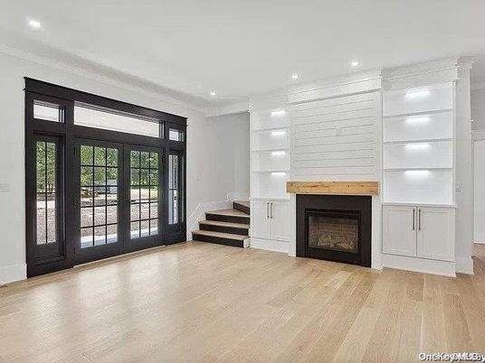 Empty room, Fireplace, Interior, Recessed Lighting, Wood Texture Flooring