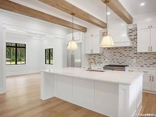 Interior, Kitchen, Pendant Lights, Recessed Lighting, Stainless Steel Appliances, Wooden Beams, Wood Texture Flooring