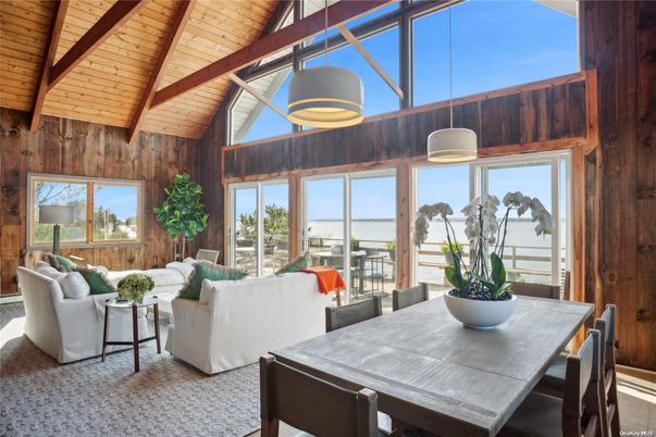 Dining room, Interior, Living room, Pendant Lights, Water, Wooden Beams, Wooden Ceilings, Wooden Walls