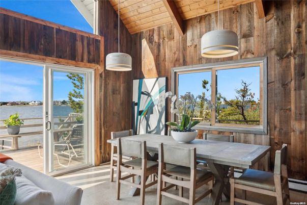 Dining room, Interior, Pendant Lights, Water, Wooden Beams, Wooden Ceilings, Wood Texture Flooring, Wooden Walls