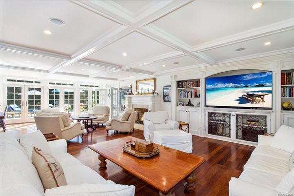 Dining room, Fireplace, Interior, Living room, Recessed Lighting, Wood Texture Flooring