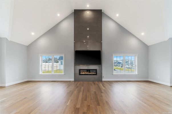 Empty room, Fireplace, Interior, Recessed Lighting, Wood Texture Flooring