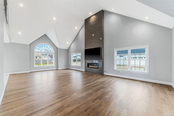 Empty room, Fireplace, Interior, Recessed Lighting, Wood Texture Flooring